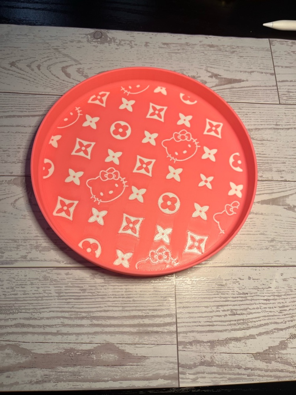 Coral Pink Round Tray with hello kitty Pattern